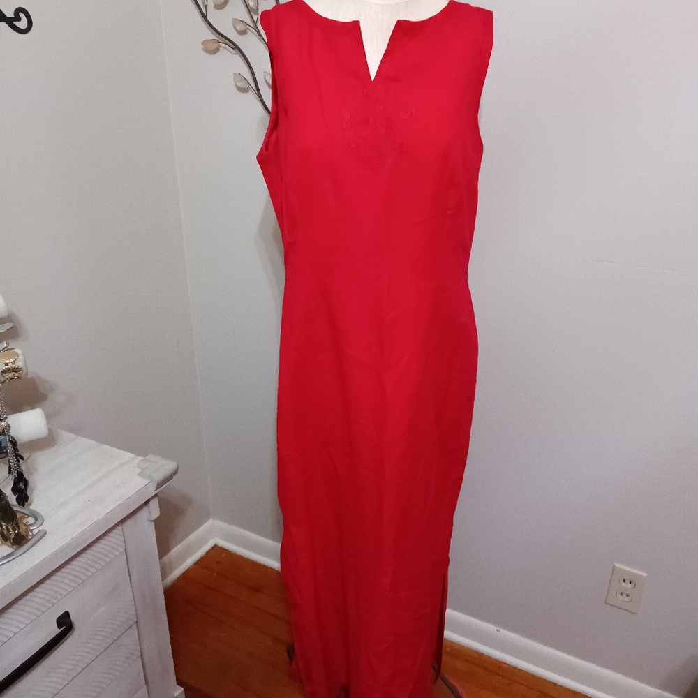 JESSICA HOWARD Linen blend Sleeveless Embroidered Red Long Dress plus sz 16